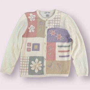 Vintage Alfred Dunner Women M Ivory Pastels Cardigan Embroidery Cottage Softgirl